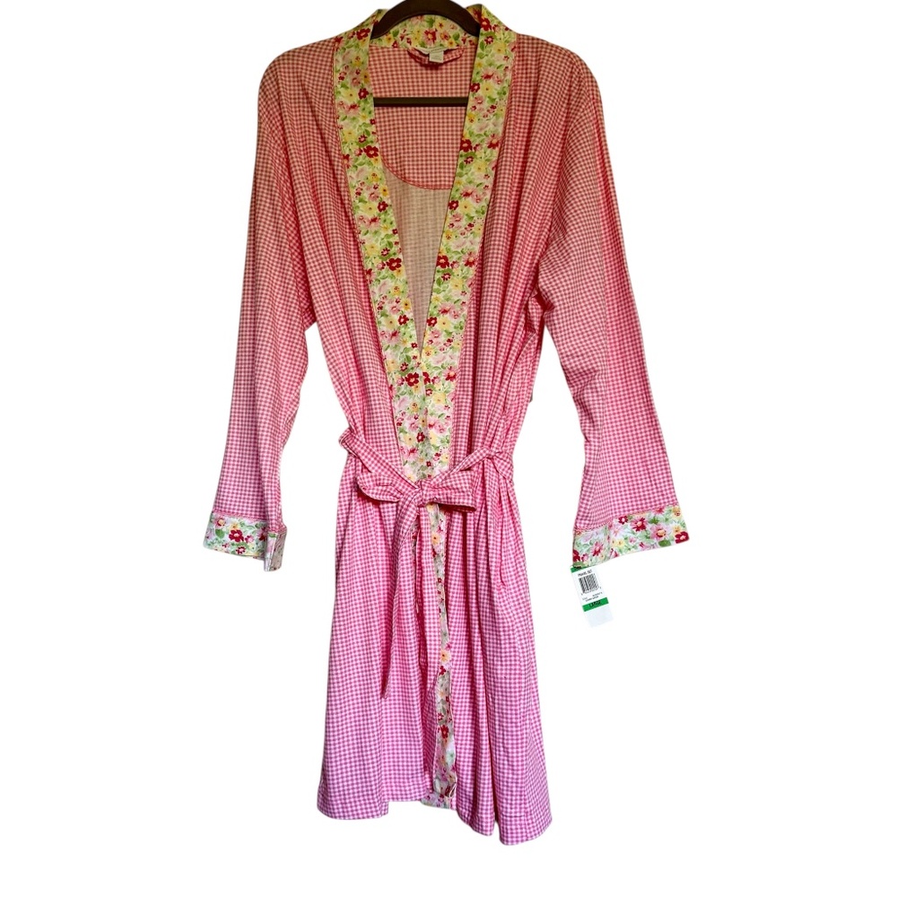 Charter Club Pink Gingham Robe with Floral Trim